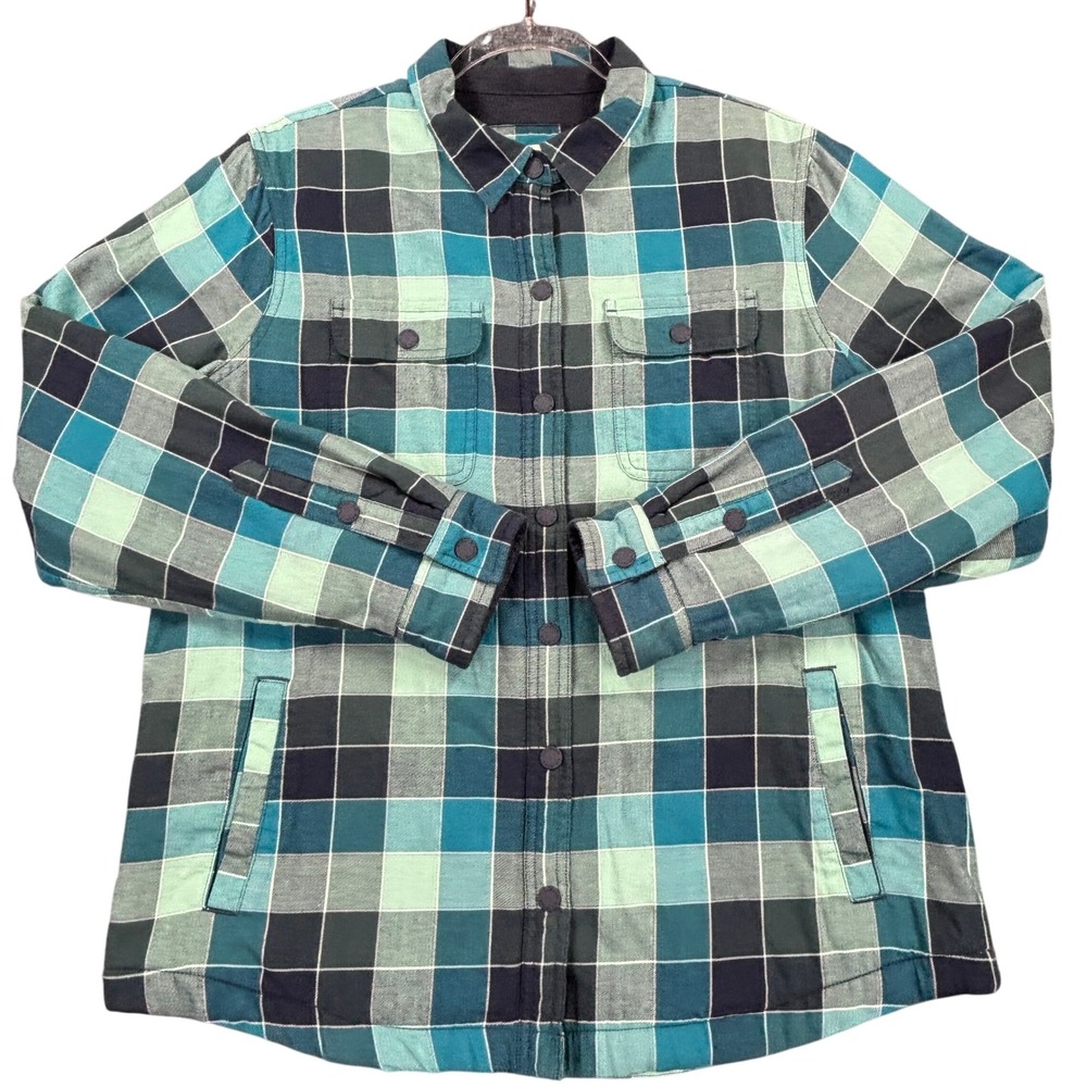 LL Bean Womens M Fleece Lined Flannel Shirt Jacket Teal Green Plaid Snap 505597